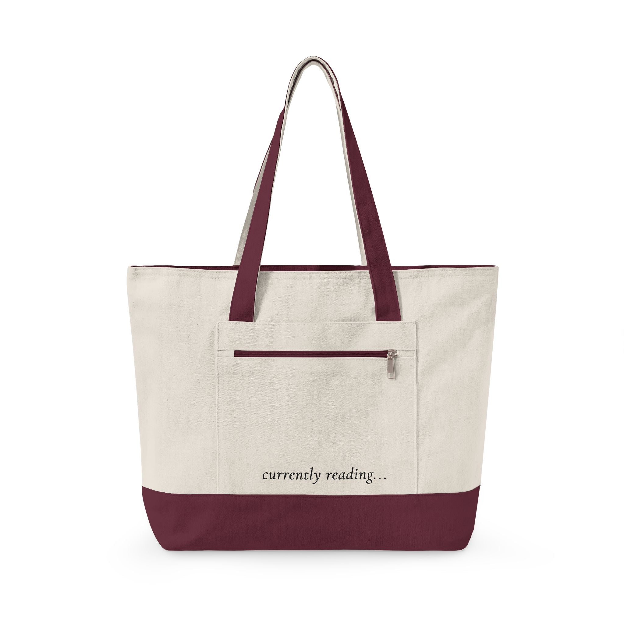 Canvas Tote Bag - "currently reading" Book Lover Zippered Tote