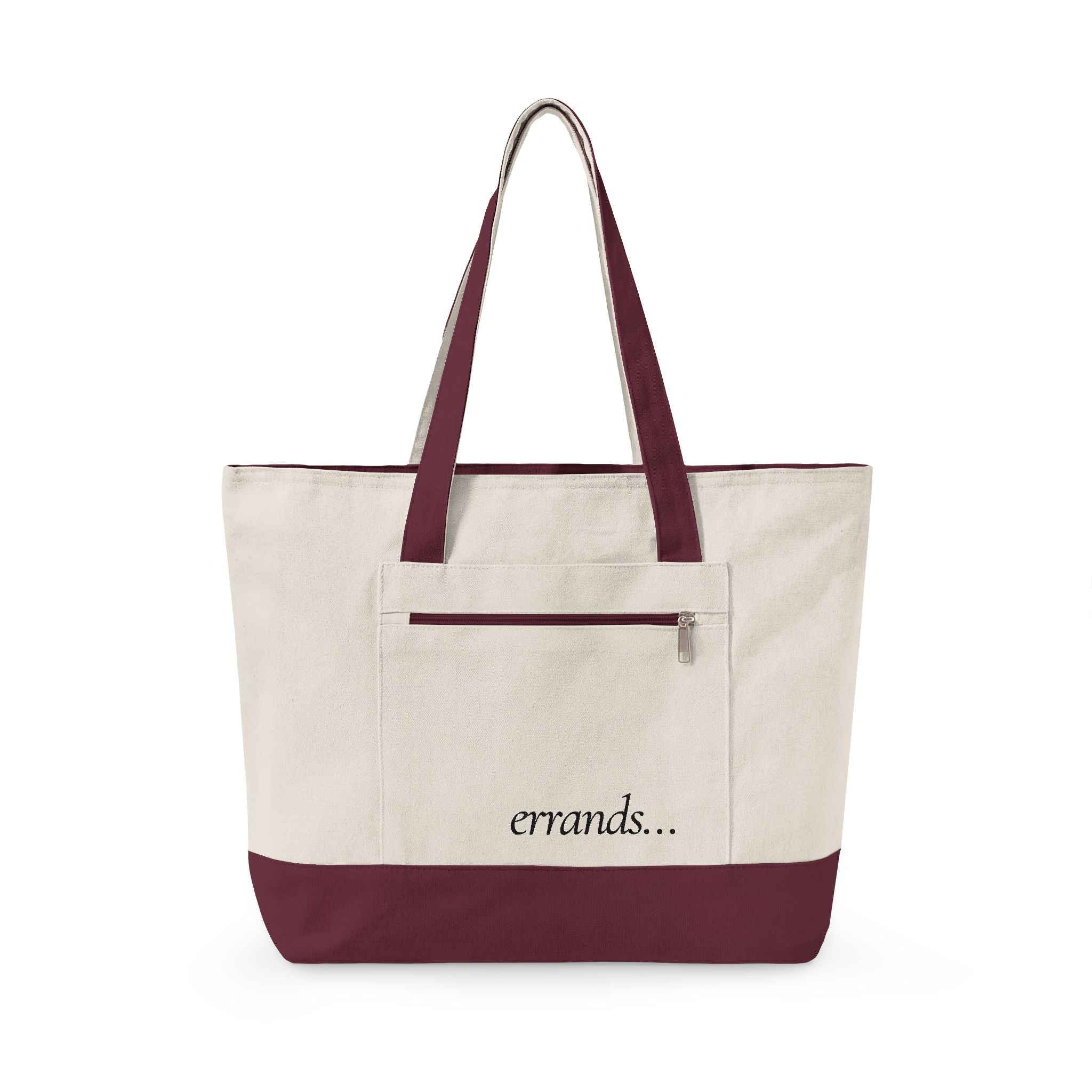 Errands Zippered Canvas Tote Bag – Durable Everyday Grocery & Market Tote with Front Pocket