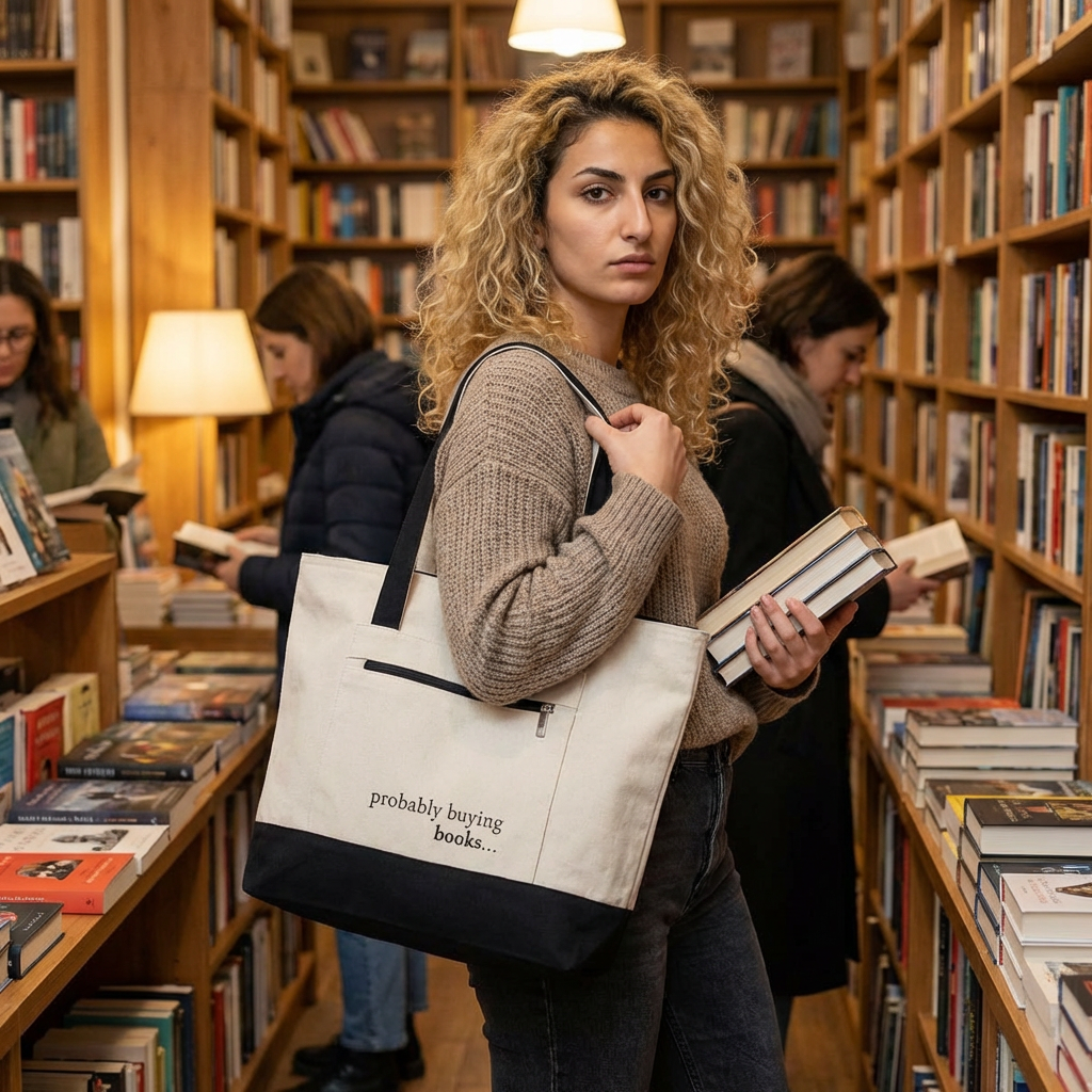 Canvas Tote Bag — “probably buying books...” Zippered Book Tote