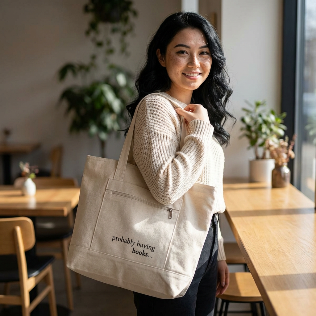 Canvas Tote Bag — “probably buying books...” Zippered Book Tote