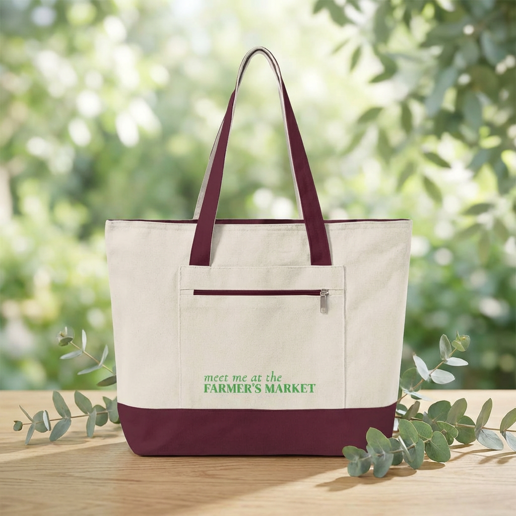Farmers Market Canvas Tote — Zippered Eco Shopper with 'Meet Me at the Farmer's Market' Design