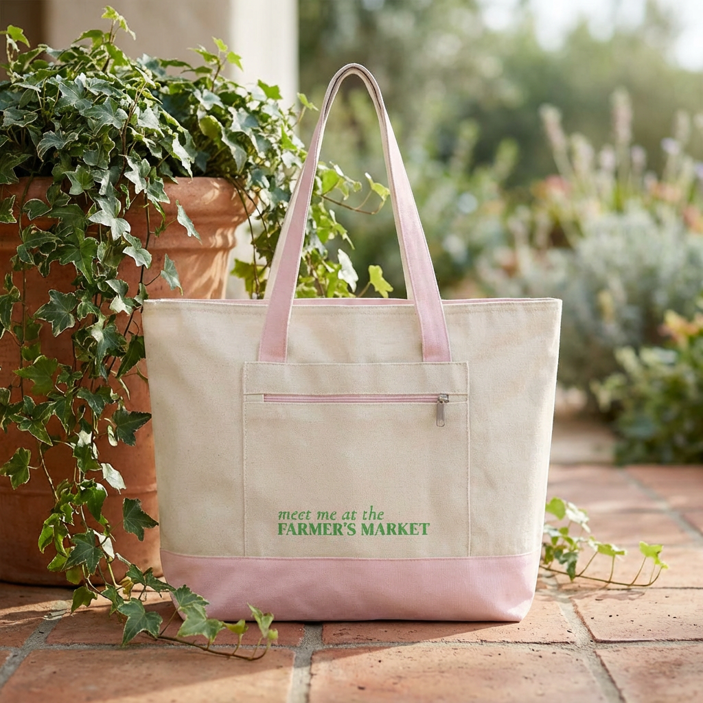 Farmers Market Canvas Tote — Zippered Eco Shopper with 'Meet Me at the Farmer's Market' Design