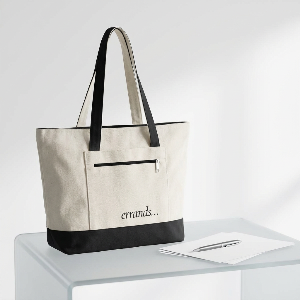 Errands Zippered Canvas Tote Bag – Durable Everyday Grocery & Market Tote with Front Pocket