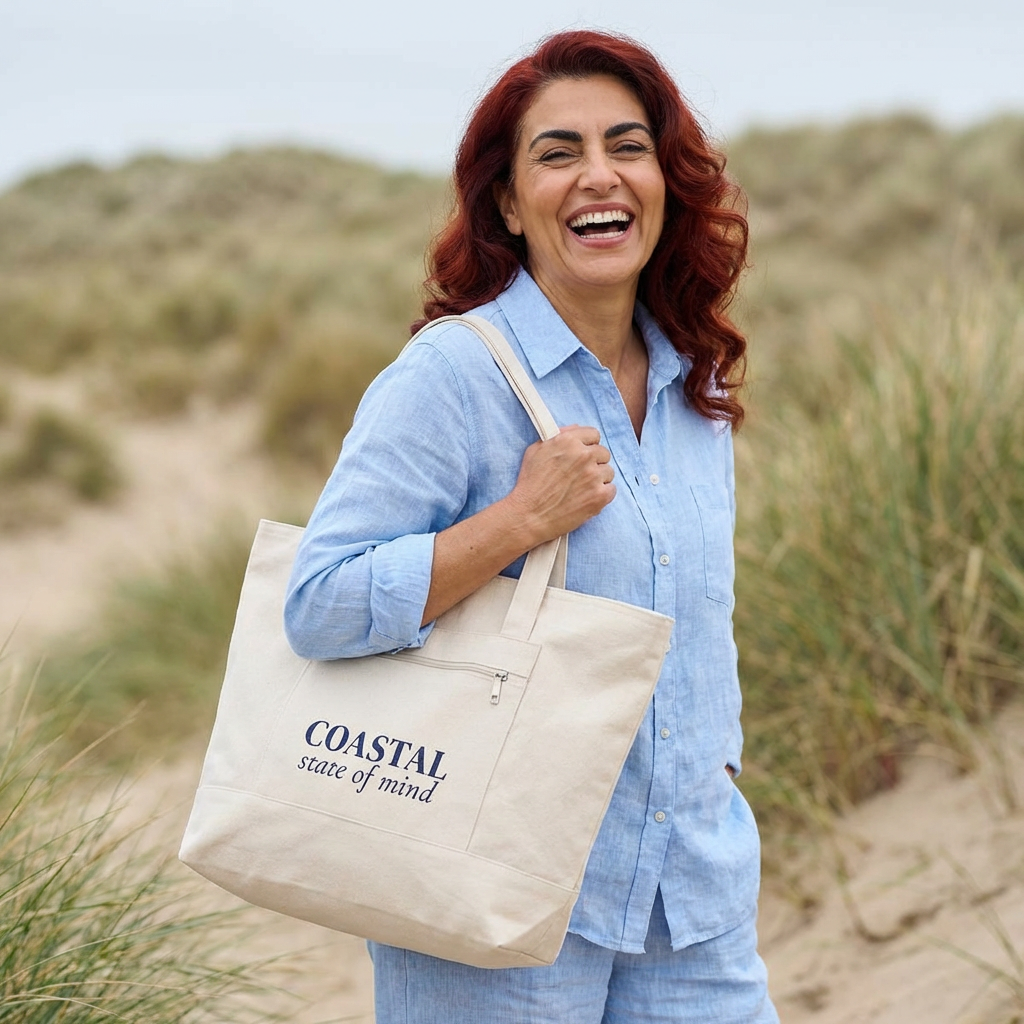 Coastal State of Mind Canvas Tote — Zippered Beach Day Bag