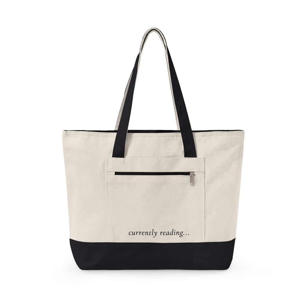 Canvas Tote Bag - "currently reading" Book Lover Zippered Tote