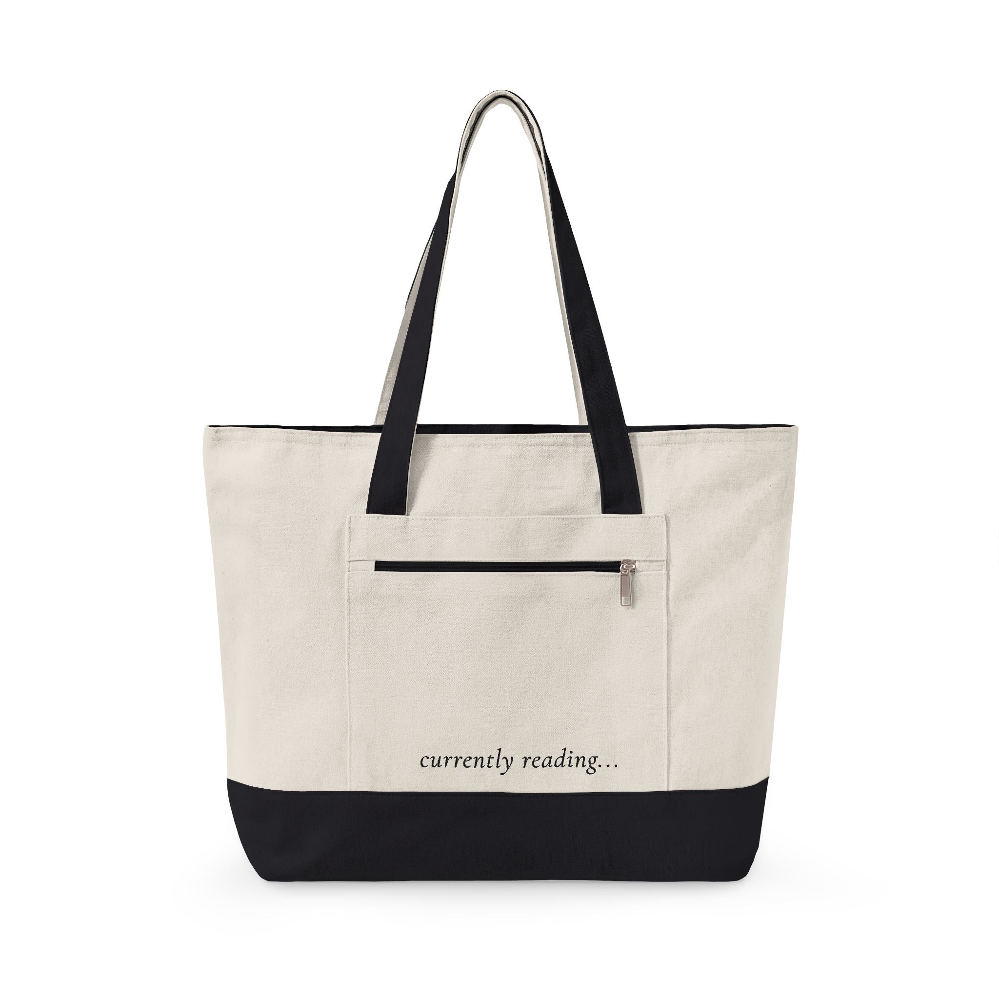 Canvas Tote Bag - "currently reading" Book Lover Zippered Tote