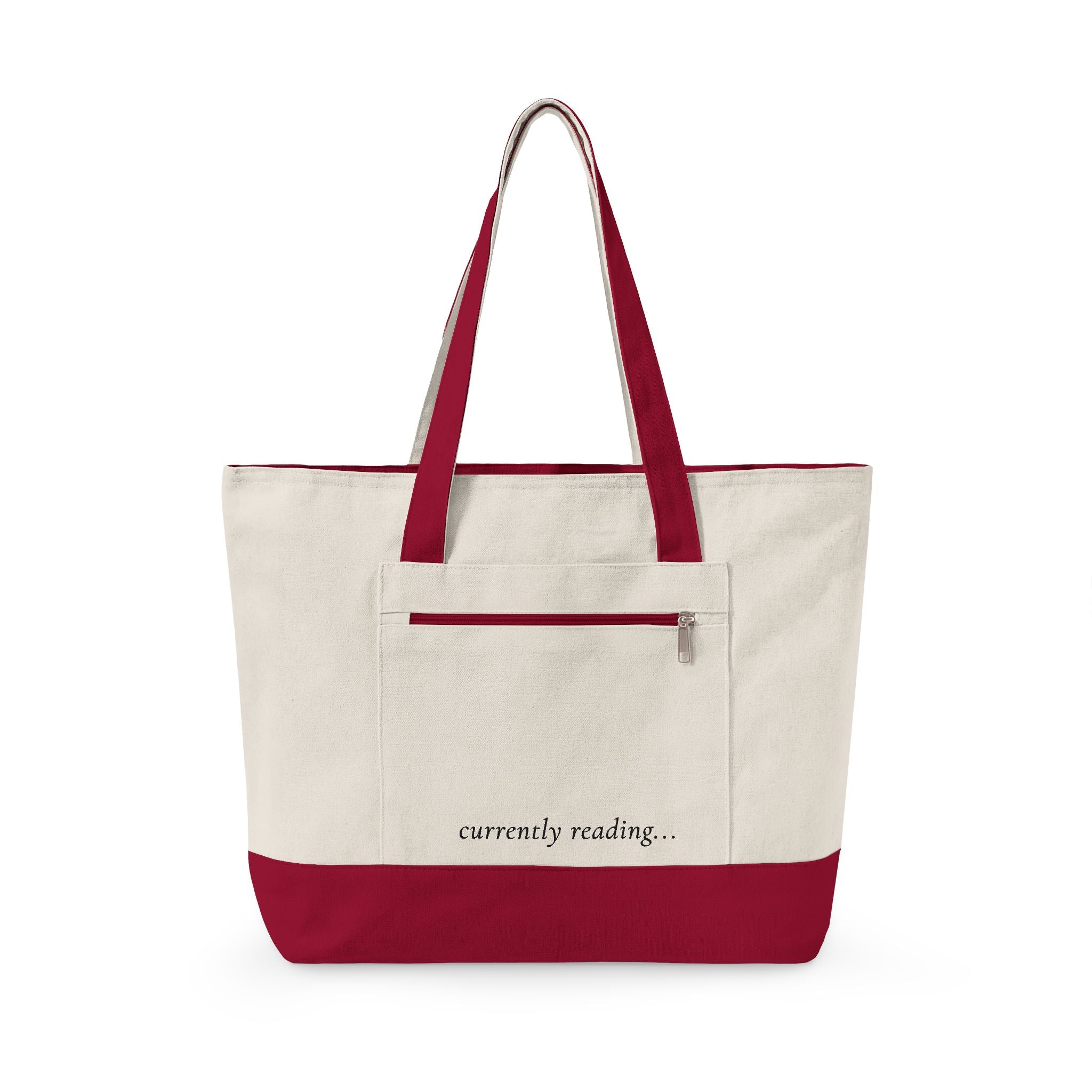 Canvas Tote Bag - "currently reading" Book Lover Zippered Tote
