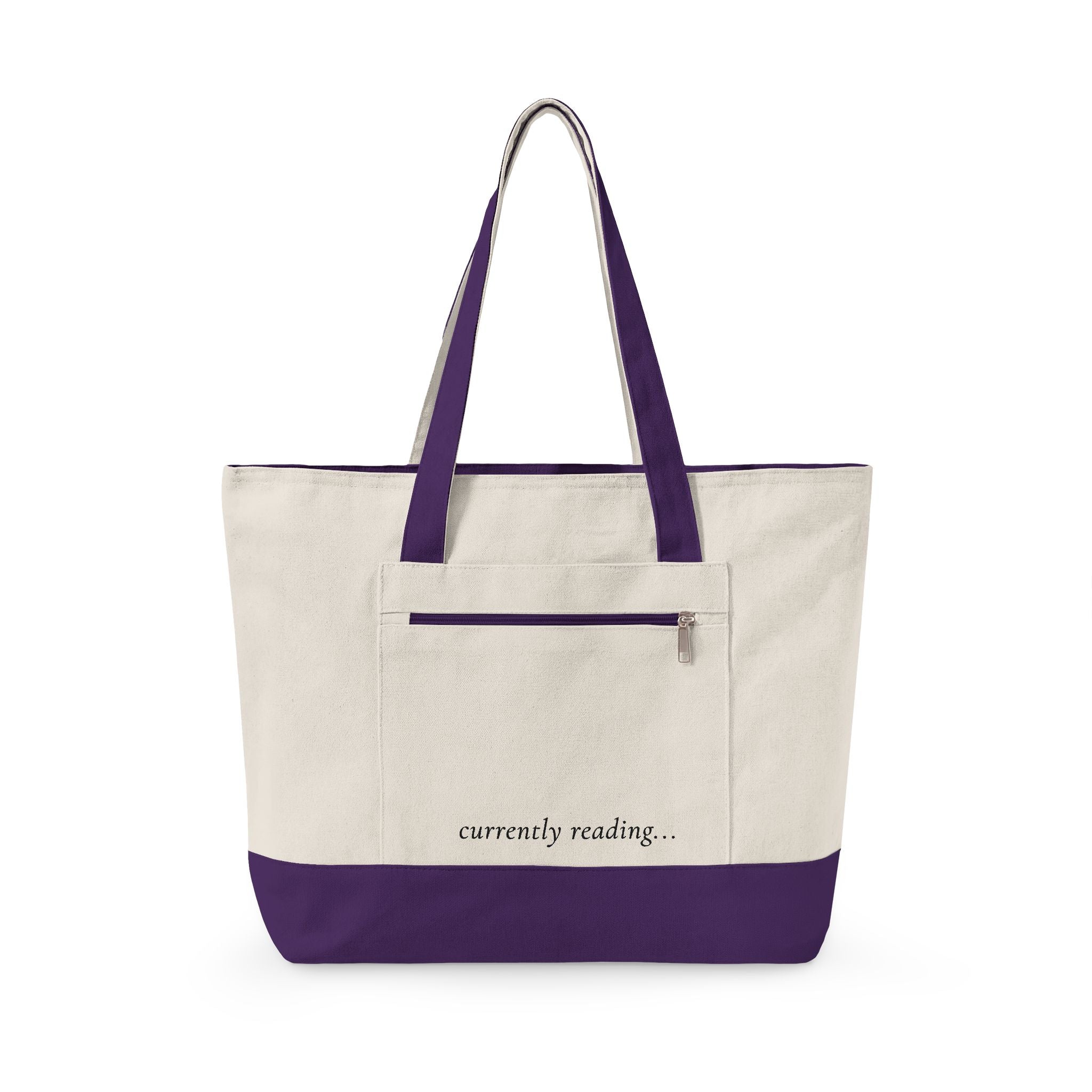 Canvas Tote Bag - "currently reading" Book Lover Zippered Tote
