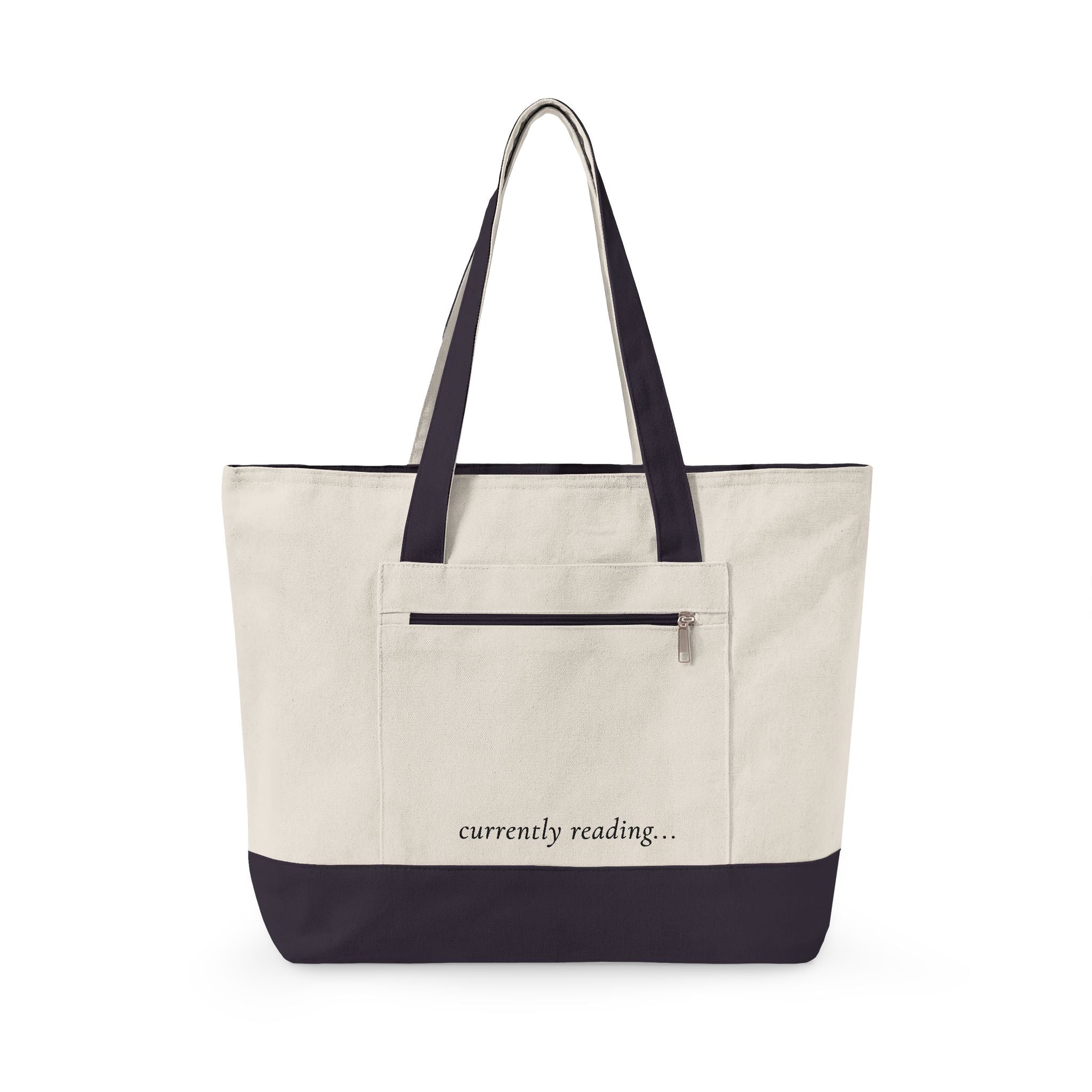 Canvas Tote Bag - "currently reading" Book Lover Zippered Tote